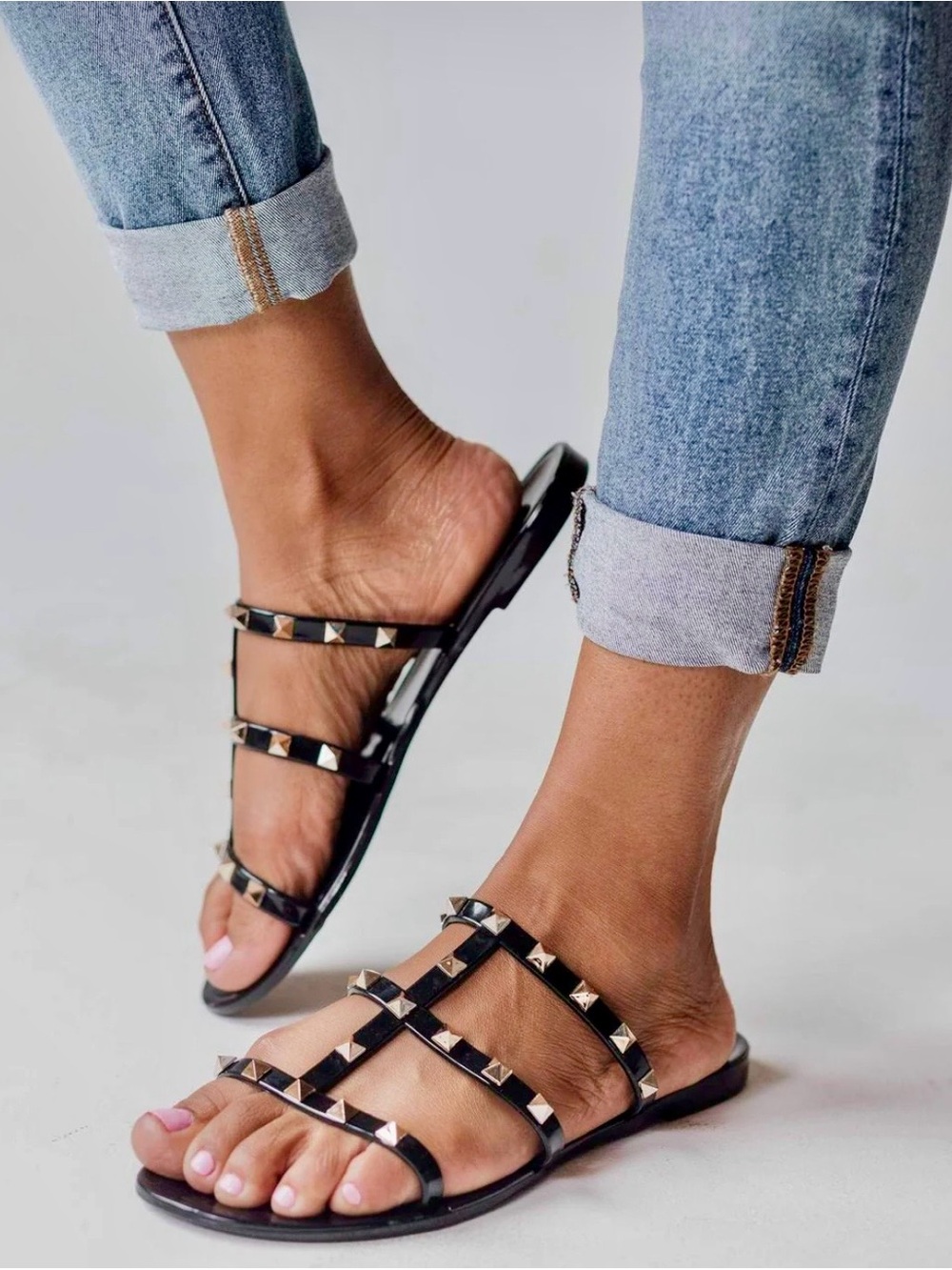 Olivia Miller Flat Gladiator Style Jelly Sandals Black with Gold Studs